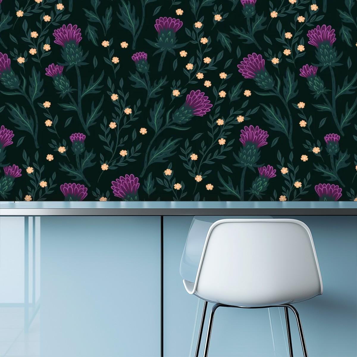 Thistle Wall Mural, Green Floral Wallpaper, Self Adhesive Canvas, Botanical Wall Decal, Durable Surface Decor, Removable