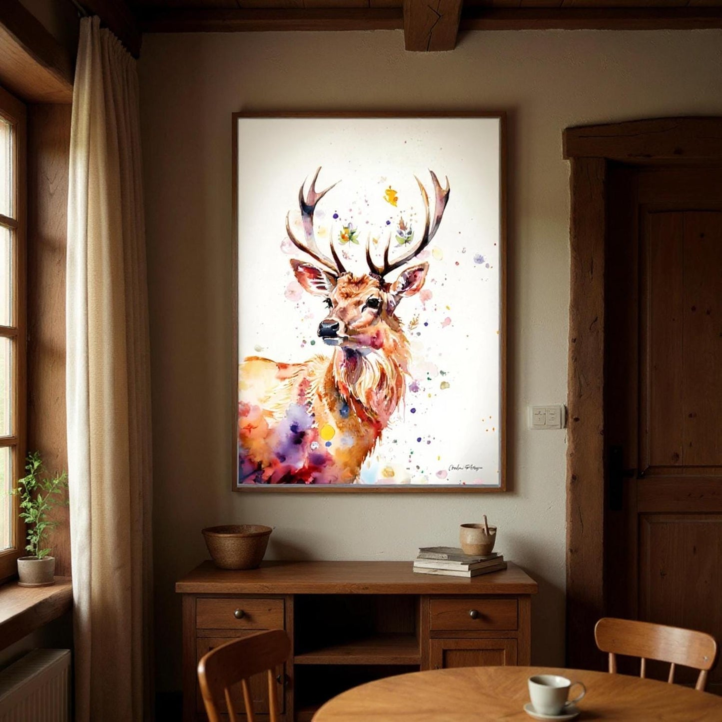 a large, colorful painting of a deer hanging on the wall of a room with wooden furniture and a dining table.
