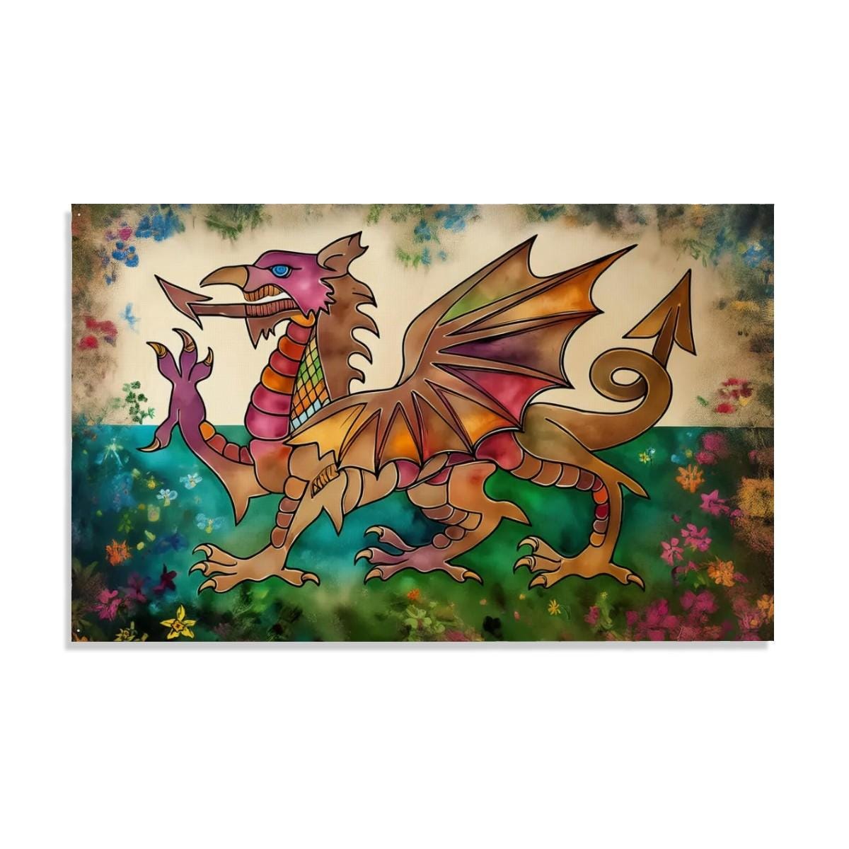 XL Heavy-duty, Handdrawn Welsh Flag Design, Three-Layer Outdoor Flag of Wales. Double Sided. 96"x60"/ 244x152 cm | Dragon Y Ddraig Goch