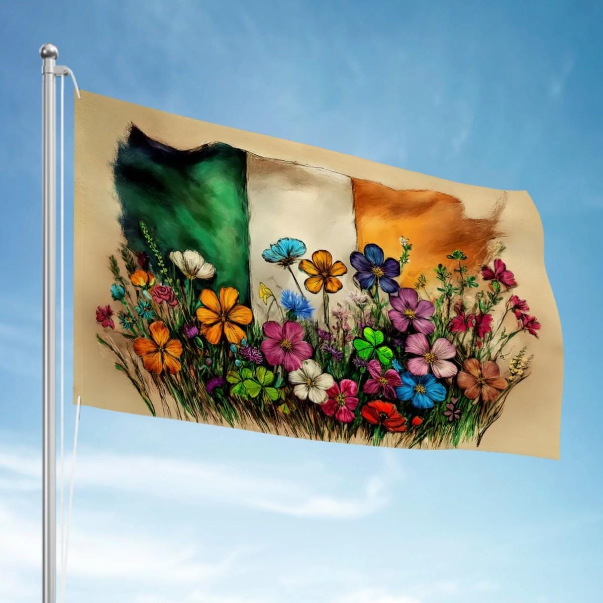 XL Heavy-duty, Handdrawn Irish Flag Design, Three-Layer Outdoor Flag of Ireland. Double Sided. 96"x60"/ 244x152 cm | Raise the Colours