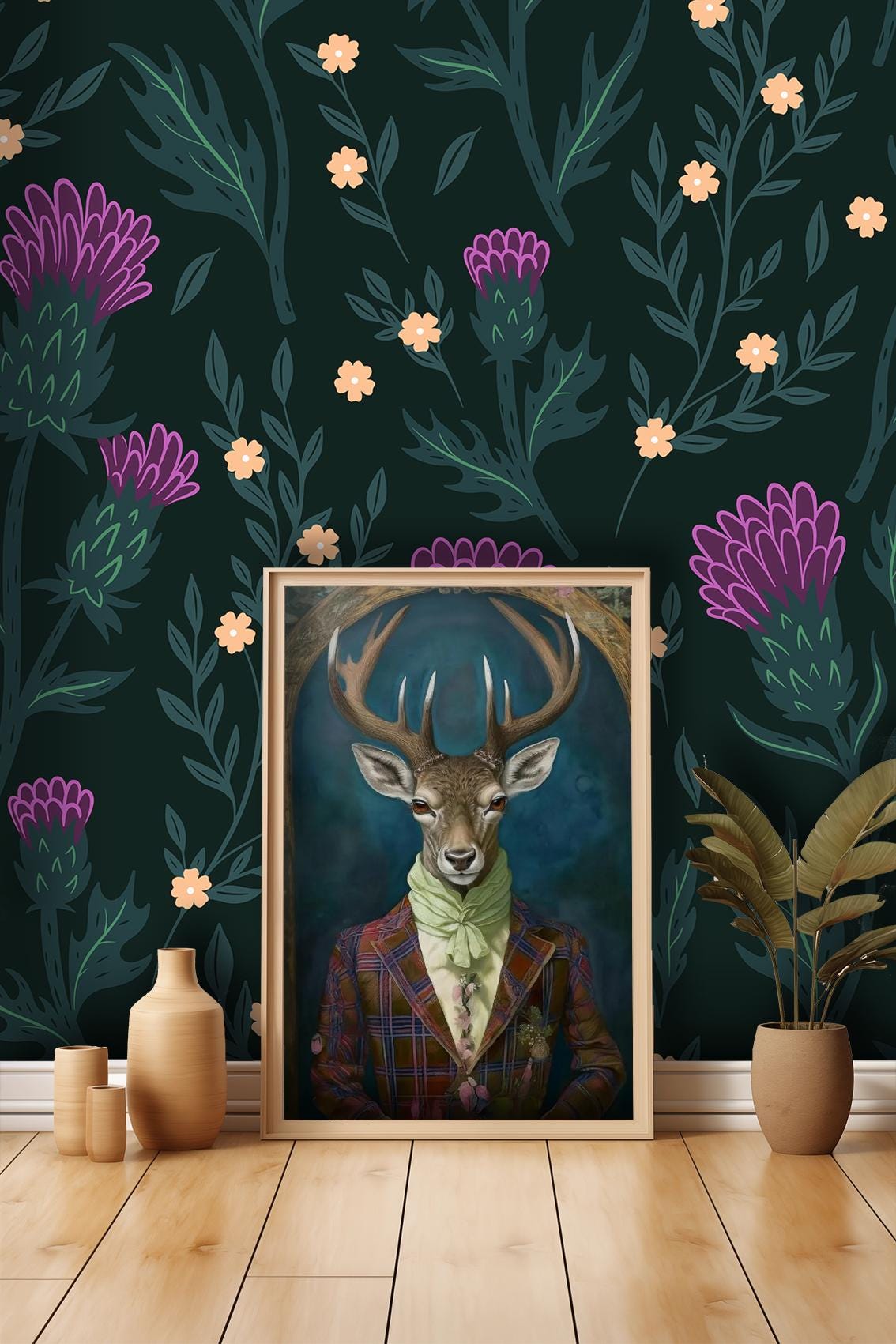 Thistle Wall Mural, Green Floral Wallpaper, Self Adhesive Canvas, Botanical Wall Decal, Durable Surface Decor, Removable