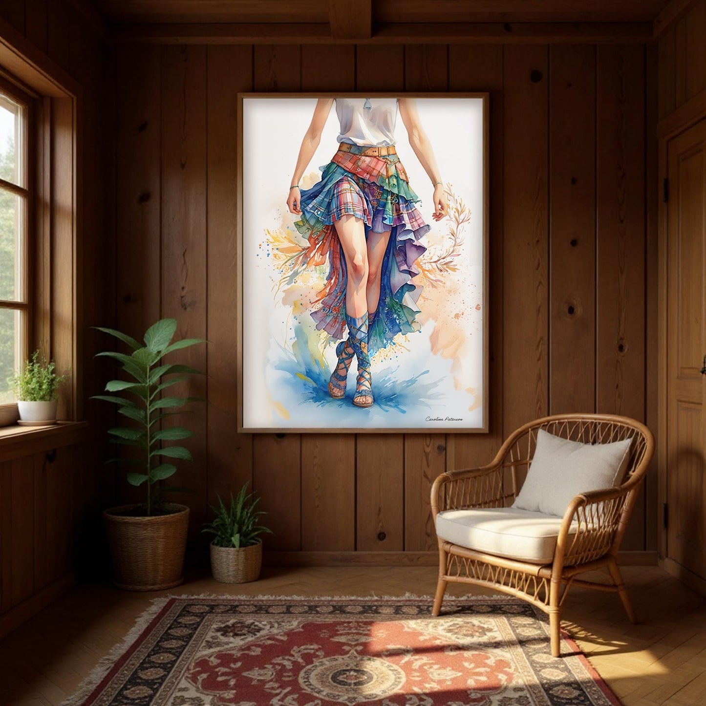 a large, colorful painting of a woman's legs and feet, hanging on a wooden wall in a room with a wicker chair and potted plants.