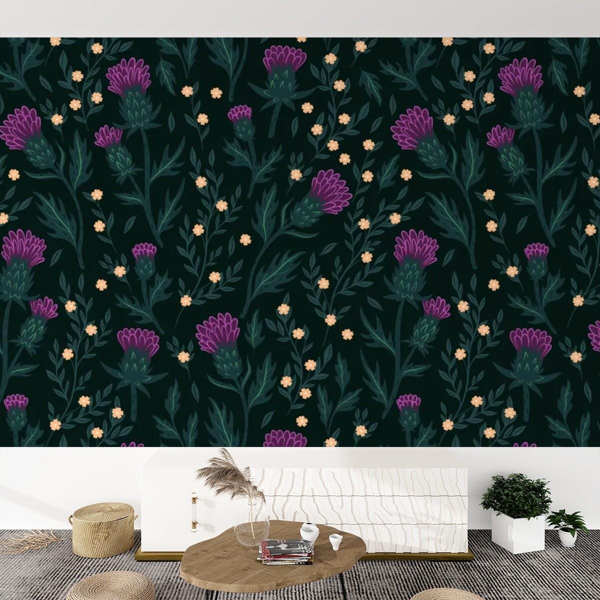 Thistle Wall Mural, Green Floral Wallpaper, Self Adhesive Canvas, Botanical Wall Decal, Durable Surface Decor, Removable
