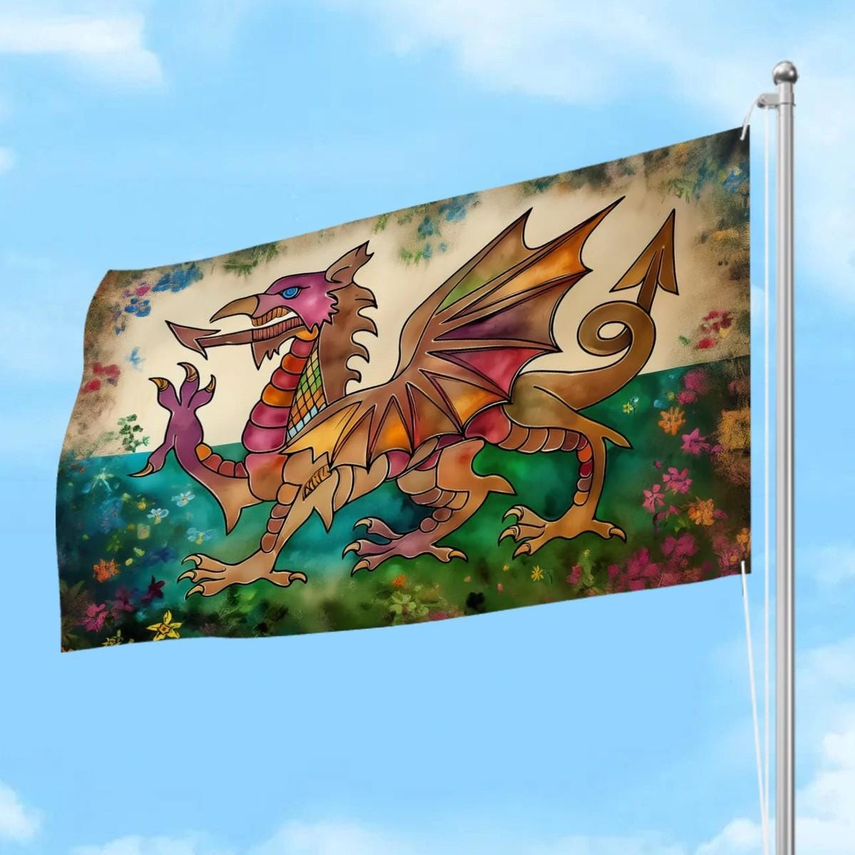 XL Heavy-duty, Handdrawn Welsh Flag Design, Three-Layer Outdoor Flag of Wales. Double Sided. 96"x60"/ 244x152 cm | Dragon Y Ddraig Goch