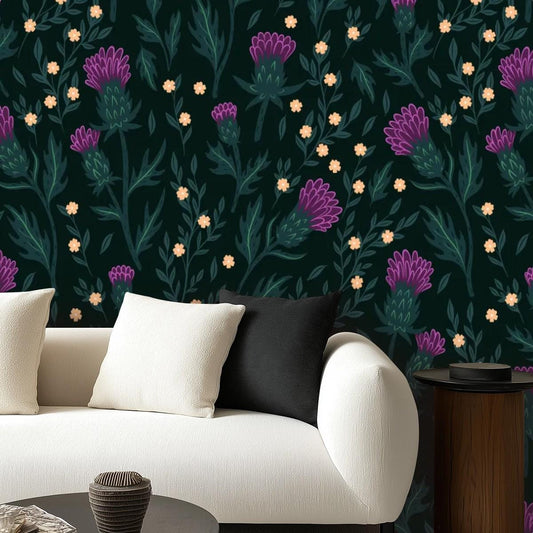 Thistle Wall Mural, Green Floral Wallpaper, Self Adhesive Canvas, Botanical Wall Decal, Durable Surface Decor, Removable