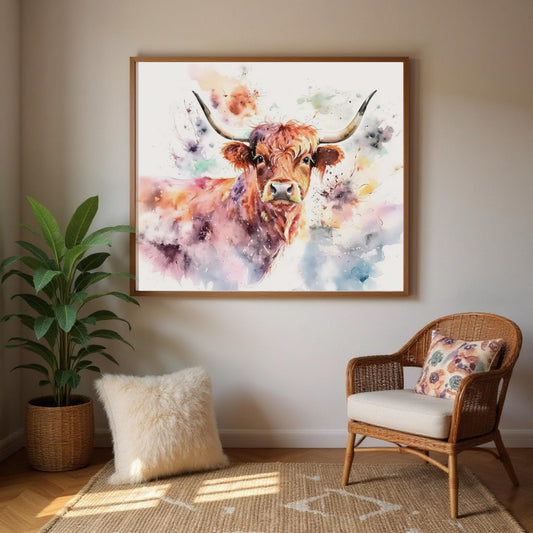 a large, colorful painting of a bull with long horns hanging on a wall in a room with a wicker chair and a potted plant.