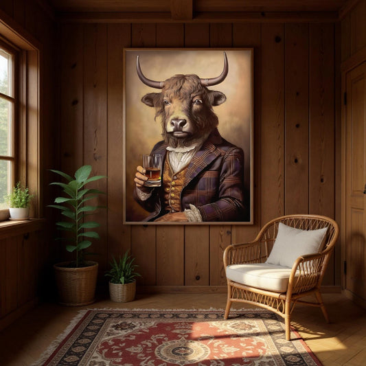 a large painting of a bull wearing a suit and tie, holding a glass of wine, and standing in a room with wooden walls and a wicker chair.