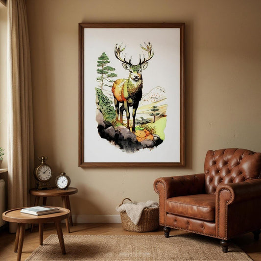 a large painting of a deer standing on a rock, surrounded by a forest and mountains, hanging on the wall of a living room.
