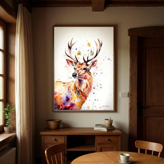 a large, colorful painting of a deer hanging on the wall of a room with wooden furniture and a dining table.