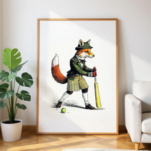 Red Fox Poster, UK Heritage, Cricket Illustration Print, British Animal Art, Victorian Fox Painting, Matte Paper Poster