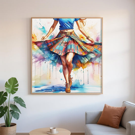 a woman wearing a colorful skirt, standing in a room with a potted plant and a couch.