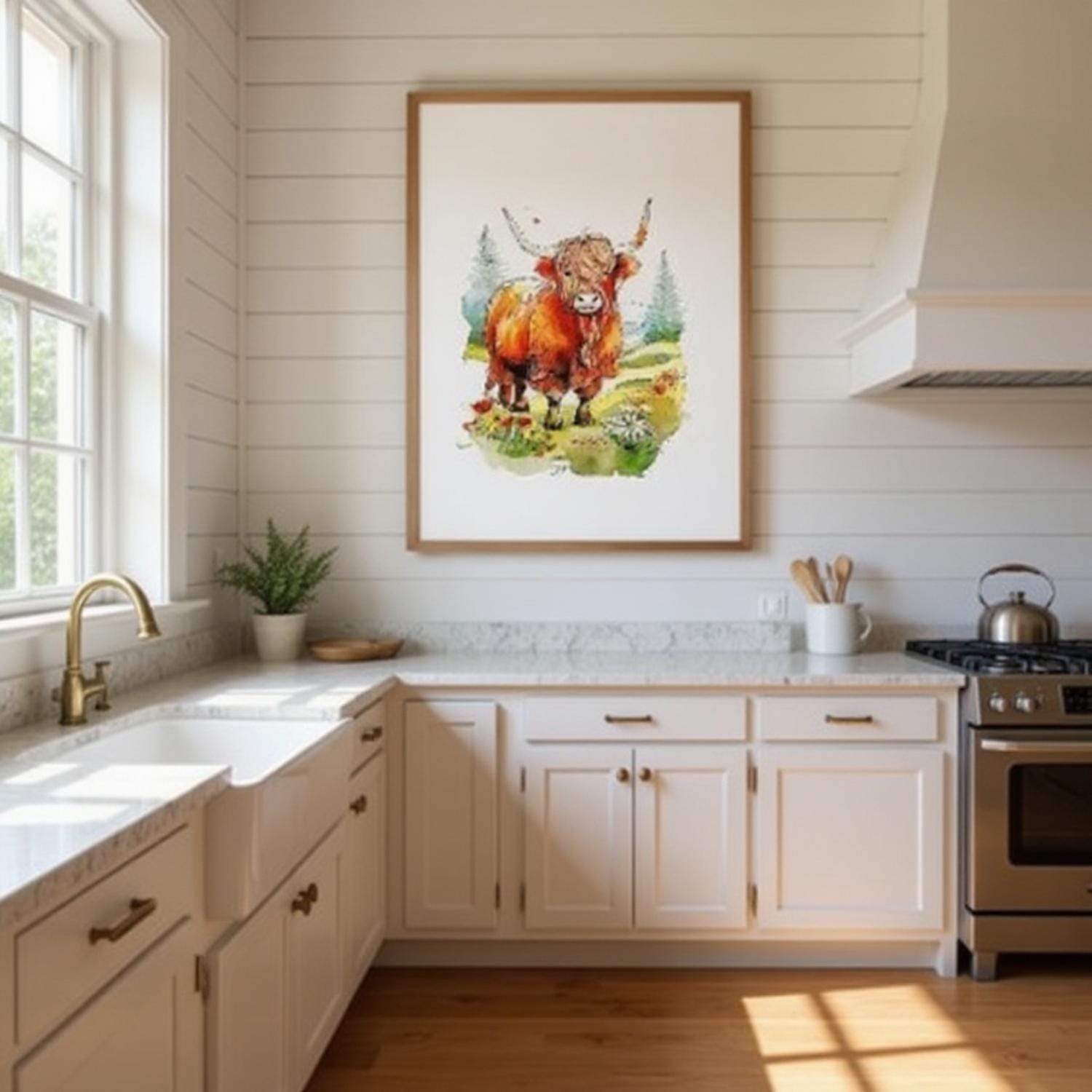 a kitchen with white cabinets, a sink, and a stove. Above the sink is a framed painting of a bull, which is the focal point of the room.