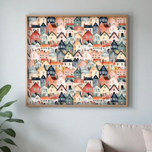 a large, colorful painting of a town or village, with numerous houses and buildings in various shades of orange, pink, blue, and green. The painting is displayed on a wall above a couch, creating a cozy and inviting atmosphere in the room.