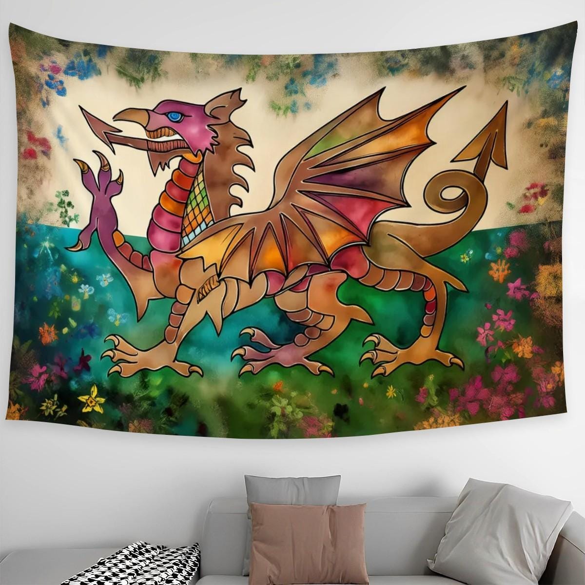 XL Wall Tapestry, Hand Drawn Welsh Flag Design -  Flag of Wales, Dragon Y Ddraig Goch, 90"x60" / 228x152 cm | Raise the Colours