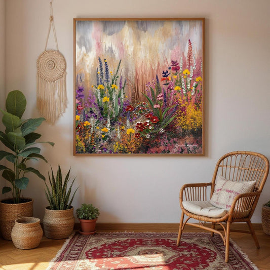 a large, colorful painting of a garden scene hanging on a wall, with a woven chair and potted plants in the foreground.