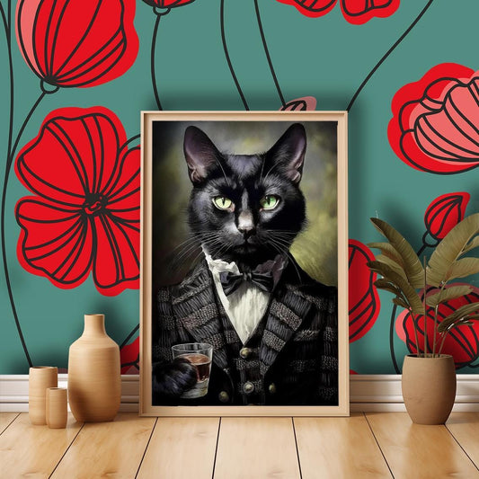 Victorian Black Cat Art Print, Vintage Animal Portrait, Whiskey Art, British Decor, UK Heritage Illustration, Unique Wall Hanging