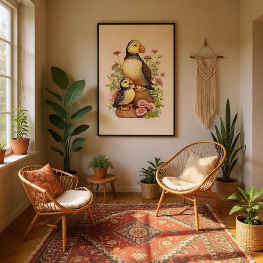 Puffin Illustration Framed Art, British Heritage, UK Home Decor, Bohemian Style, Coastal Wall Hanging, Unique Wildlife Print