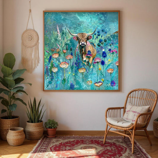 a large painting of a cow surrounded by a vibrant field of flowers, hanging on a wall in a room with a woven chair and potted plants.