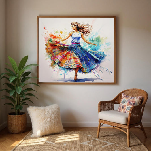 a vibrant painting of a woman in a colorful dress, with her arms outstretched, set against a white background. The painting is hung on a wall, and there is a wicker chair and a potted plant in the foreground.