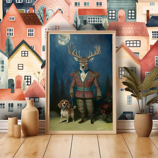 Art Print Victorian Stag Art Print | Stag walking his Beagle | Fine Art Poster - Beagle Art - Deer Art - UK Heritage Art, British Art