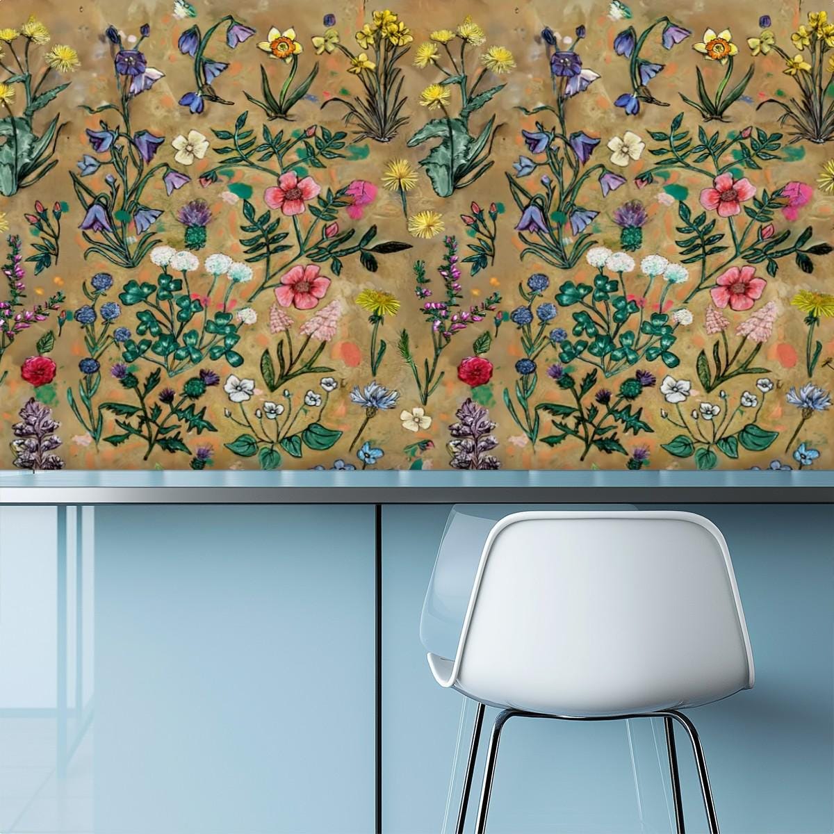 a vibrant floral wallpaper with various colorful flowers and plants, creating a lively and cheerful atmosphere. In the foreground, there is a white chair positioned against a blue wall, providing a contrast to the colorful wallpaper.