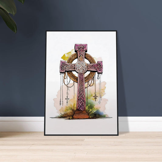 Framed Celtic Knot Art Print, British Home Decor, Pink Cross Design, UK Heritage Wall Art, Celtic Inspired Decoration, Unique Gift