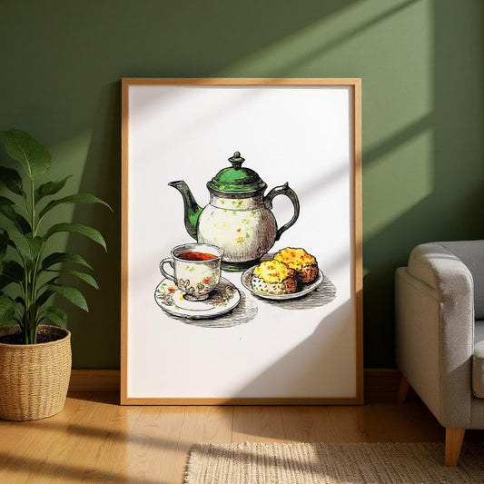 A framed illustration of a teapot, a cup of tea, and a plate of pastries is displayed on a wall in a living room.