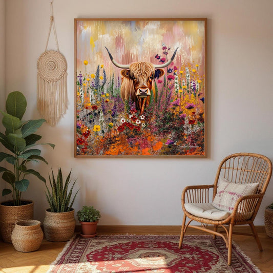 a large, colorful painting of a bull surrounded by a vibrant field of flowers, hanging on a wall in a room with a woven chair and potted plants.
