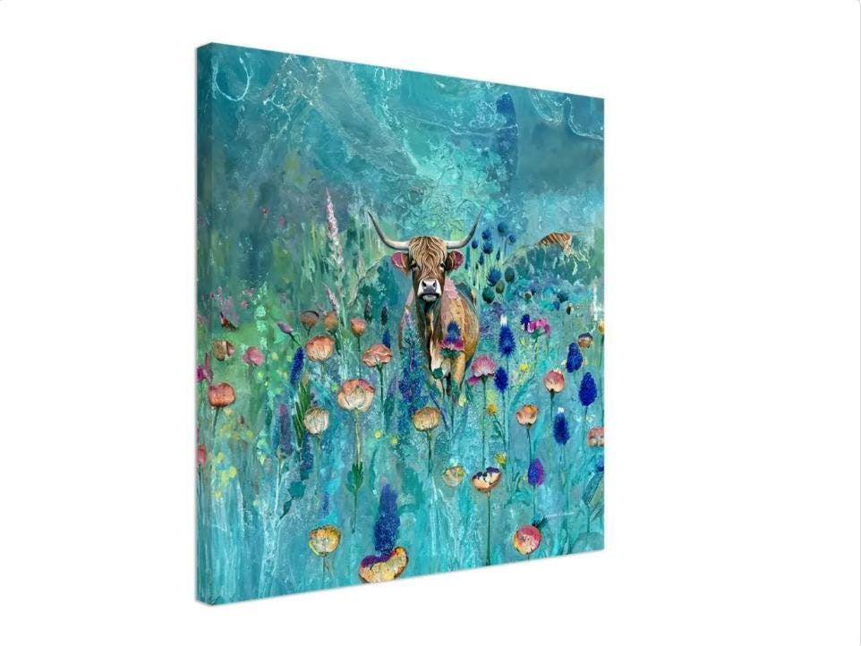 Canvas Cute Hairy Cow - Turqoise | Capture the Beauty of Scotland with this Enchanting Scottish highland cow canvas