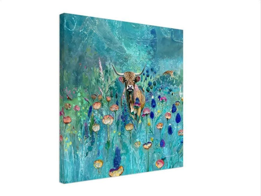 Canvas Cute Hairy Cow - Turqoise | Capture the Beauty of Scotland with this Enchanting Scottish highland cow canvas