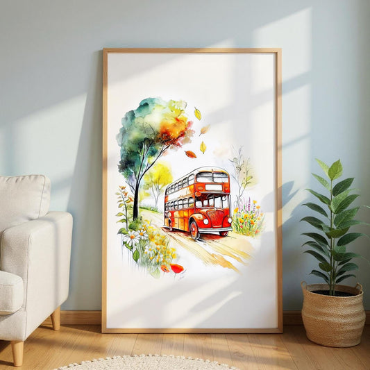 a large framed painting depicting a red double-decker bus traveling down a road surrounded by trees, flowers, and a grassy area.