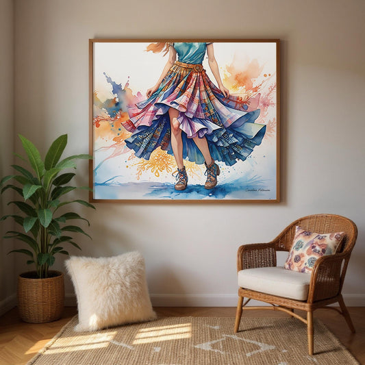 a large, colorful painting of a woman in a flowing dress hanging on a wall in a room with a wicker chair and a potted plant.