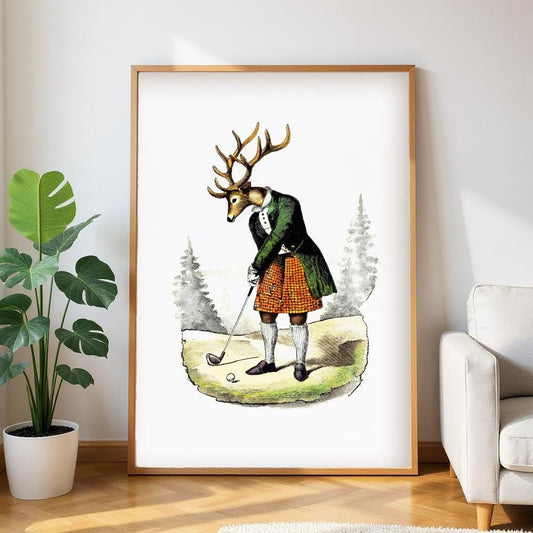 a framed illustration of a deer dressed in a kilt and holding a golf club, standing on a golf course with trees in the background.