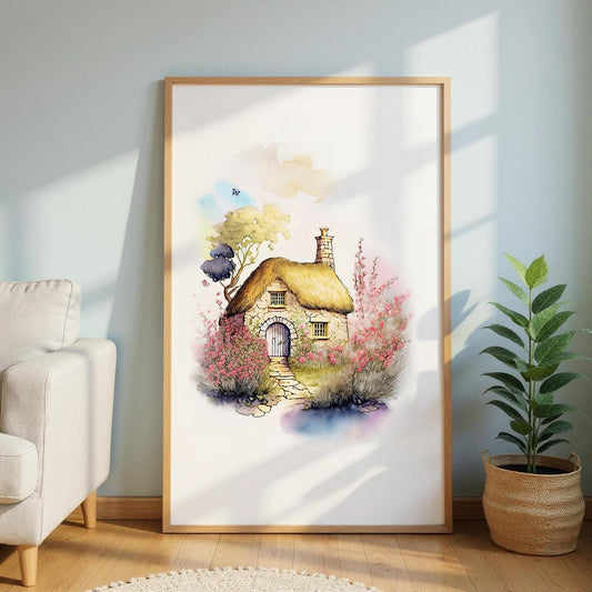 a large framed painting of a quaint cottage surrounded by a lush garden, with a blue sky and fluffy clouds in the background.