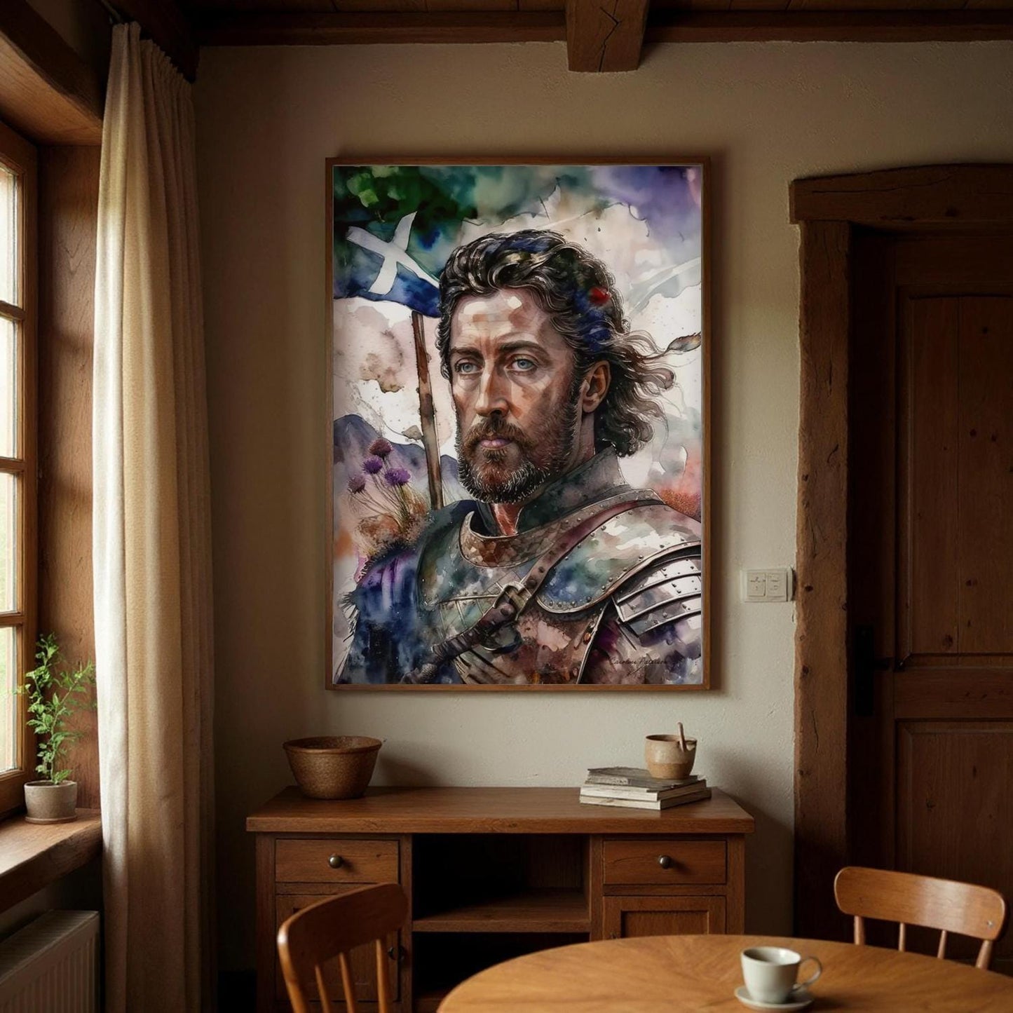 a large portrait of a man with a beard hanging on the wall of a room with a wooden table and chairs in the foreground.