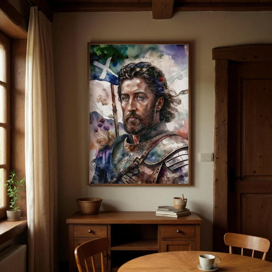 a large portrait of a man with a beard hanging on the wall of a room with a wooden table and chairs in the foreground.