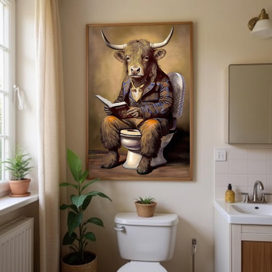 a humorous scene of a cow sitting on a toilet and reading a book, which is a creative and unconventional portrayal of a domestic setting.