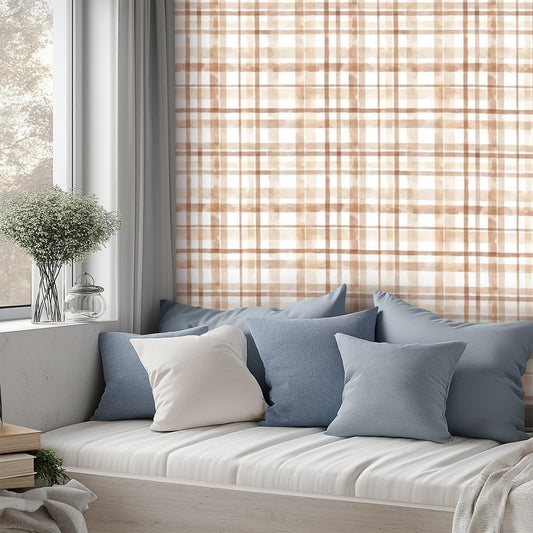 Self Adhesive Canvas Wallpaper Mural Cottage Beige - Tartan Plaid Wallpaper