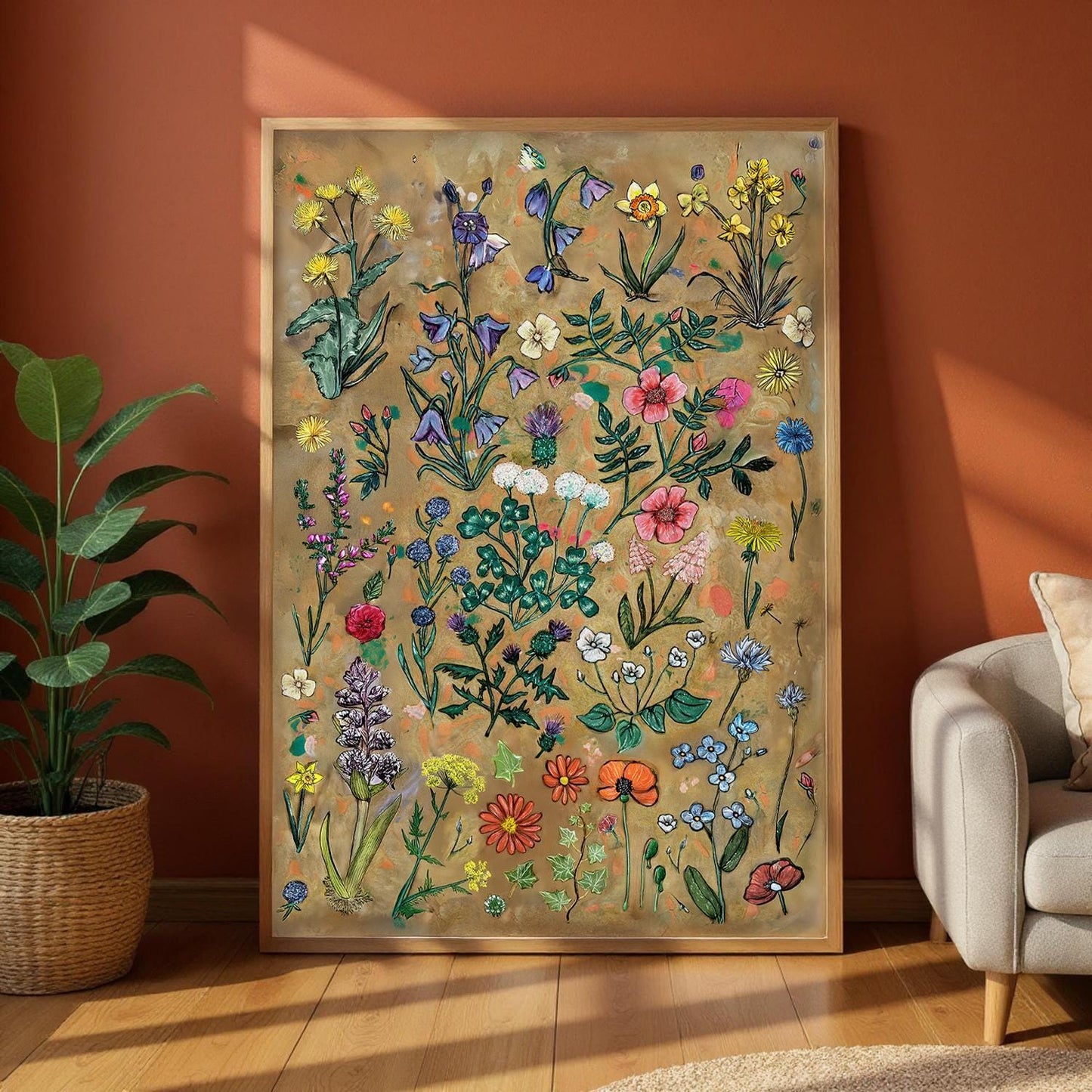 Framed British Art, Wildflowers Poster, Botanical Print, UK Heritage Nature Painting, Handdrawn Floral Illustration