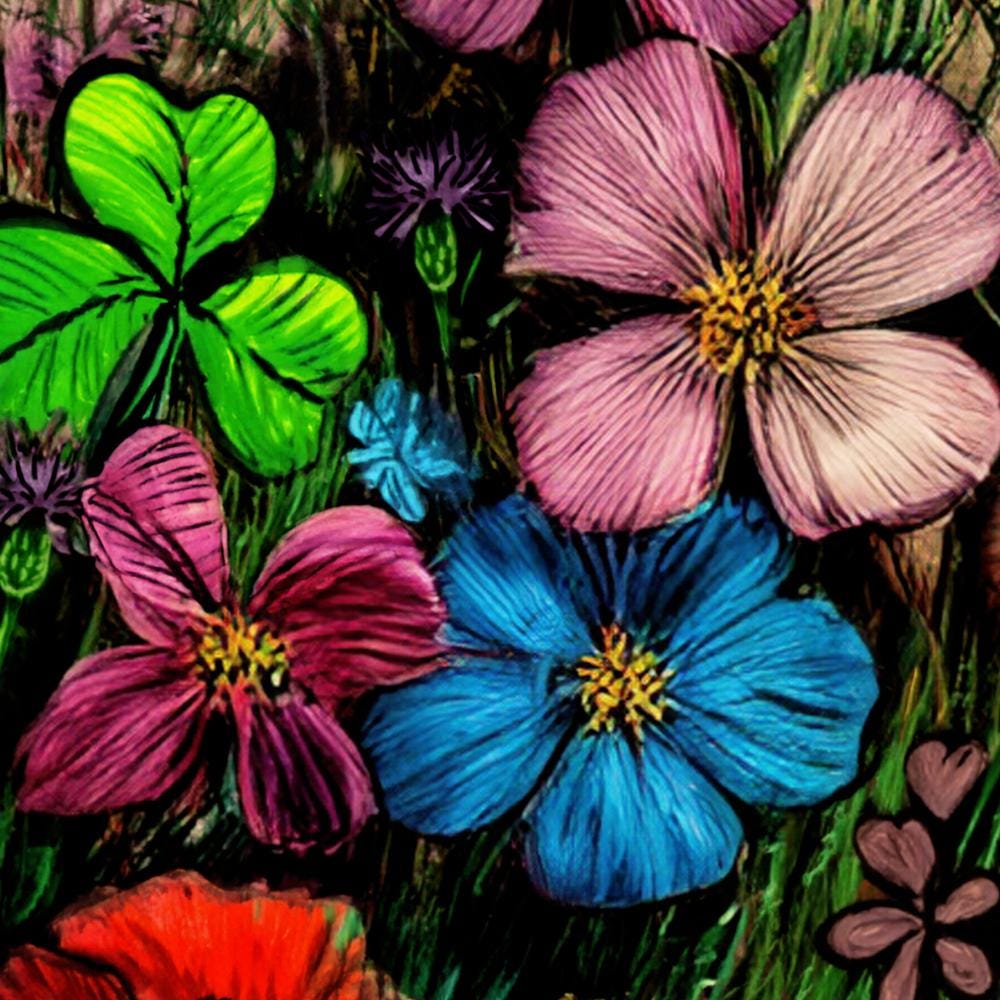 A vibrant and colorful painting of various flowers, including a green shamrock, pink and purple flowers, and blue flowers, all set against a dark background.