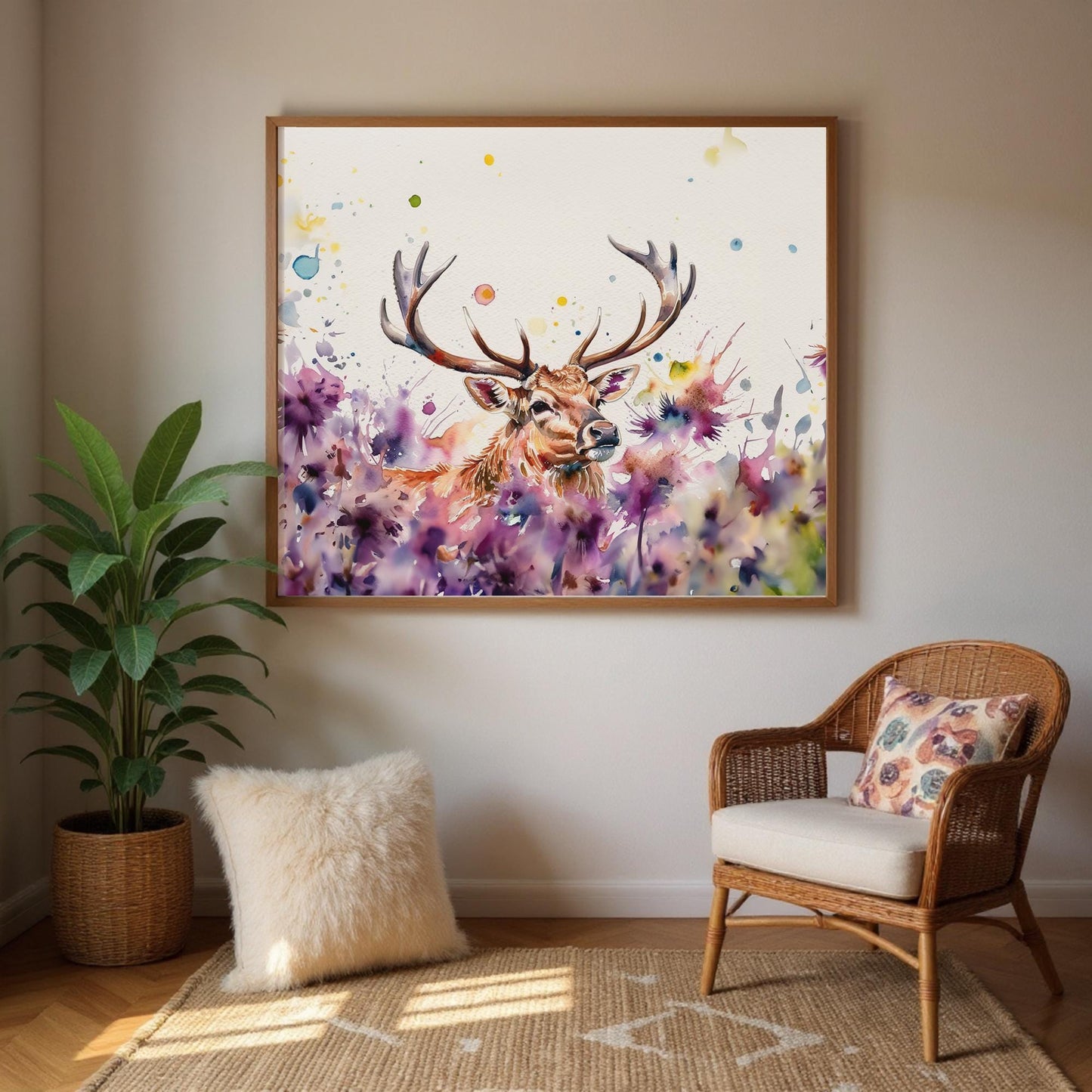 a large, colorful painting of a deer with antlers hanging on a wall above a wicker chair and a white pillow in a room with a rug.