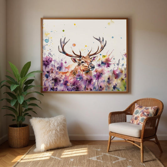 a large, colorful painting of a deer with antlers hanging on a wall above a wicker chair and a white pillow in a room with a rug.