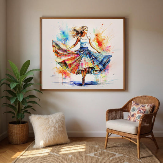 a vibrant painting of a woman in a colorful dress, with her hair flowing freely, hanging on a wall in a room with a wicker chair and a potted plant.
