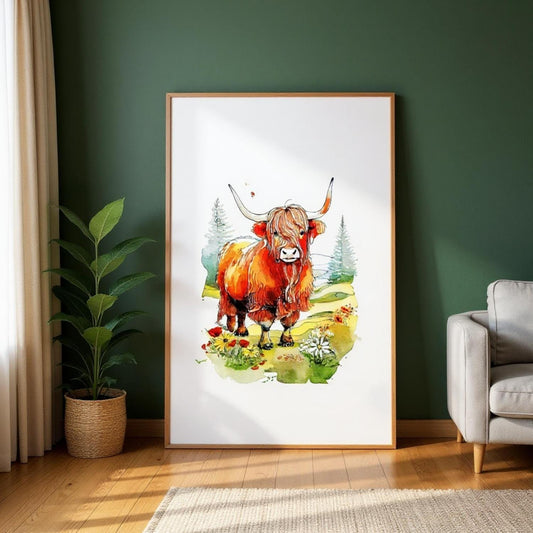 a large framed print of a colorful illustration of a bull standing in a grassy field with trees in the background.