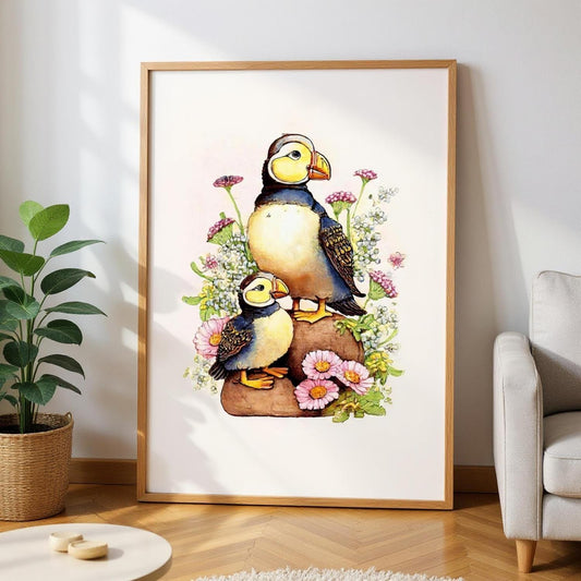 A framed painting depicting two puffins sitting on rocks surrounded by flowers and plants.