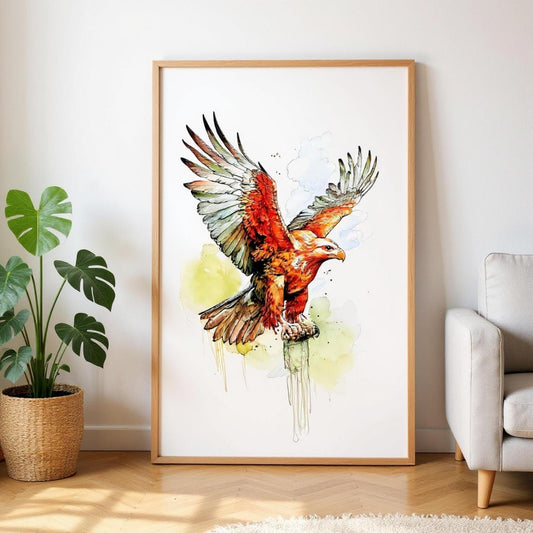 a large framed painting of a colorful bird, possibly an eagle, in mid-flight with its wings spread wide. The painting is displayed on a white wall, and there is a potted plant to the left of the frame.