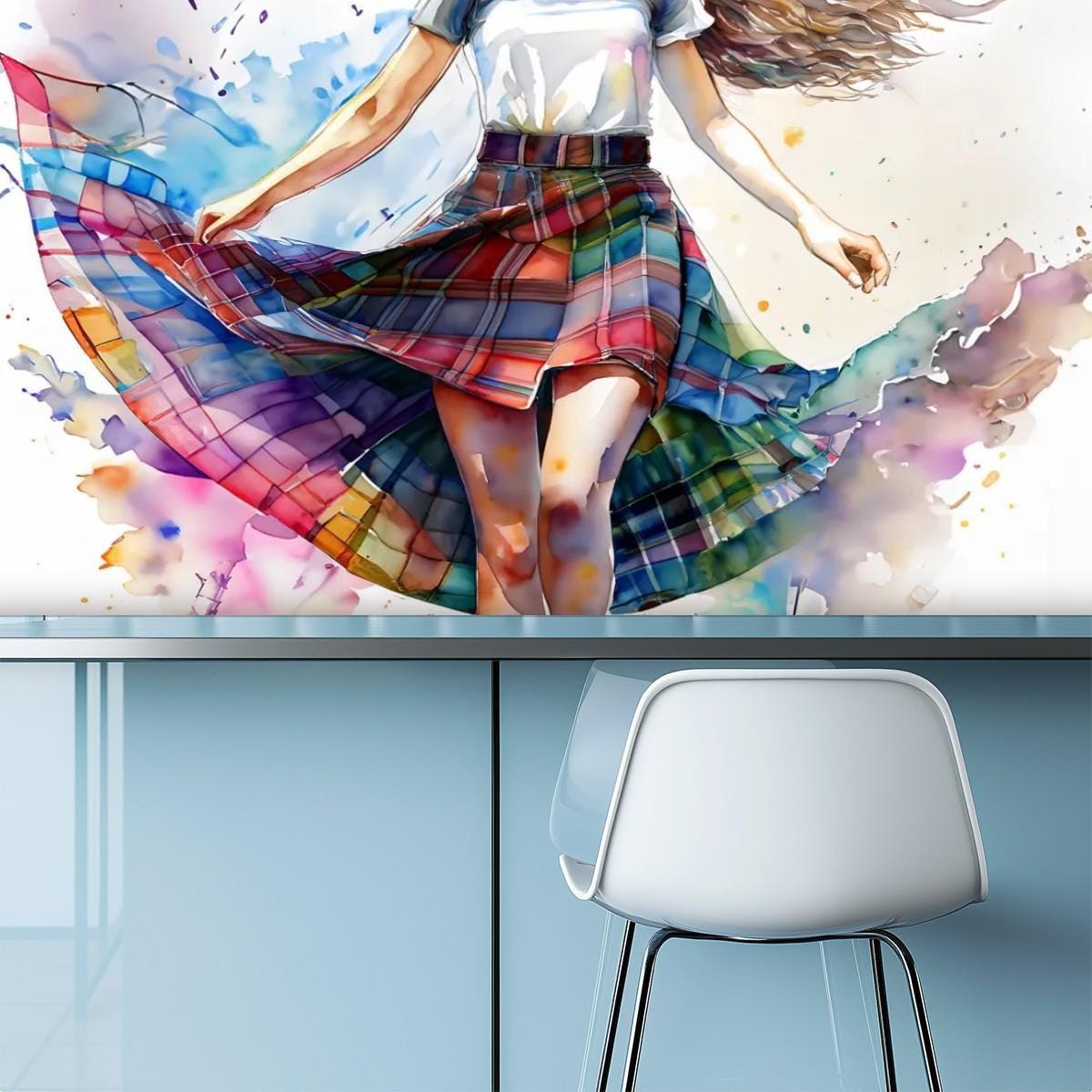 Canvas Wallpaper Mural Watercolor Plaid Skirt - Tartan Skirt - Self Adhesive Canvas Wallpaper