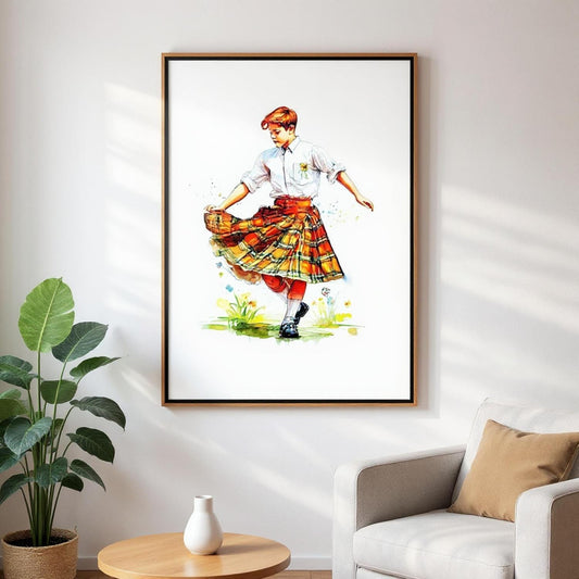 a framed painting of a person in a colorful kilt, dancing in a field with flowers.