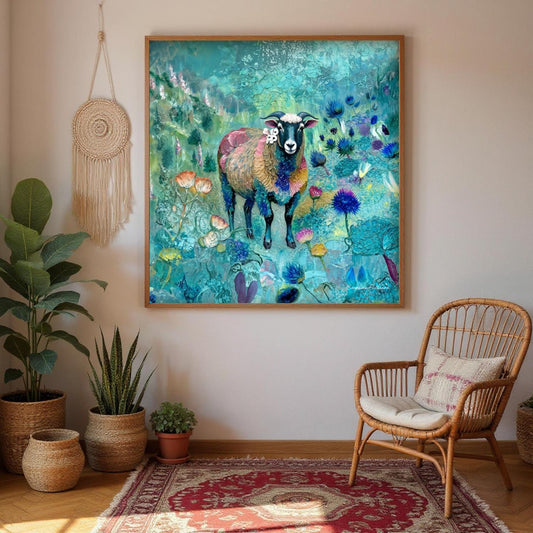 a large, colorful painting of a sheep in a field, hanging on a wall in a room with a woven chair and potted plants.