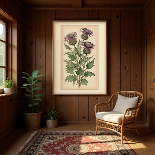 a cozy living room with a large framed botanical illustration of a plant on the wall, a woven chair, and potted plants.